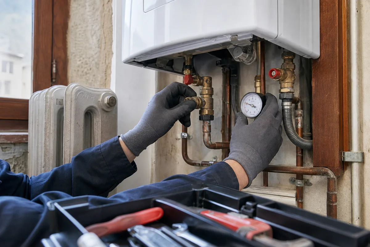 Chauffagiste réglant le circuit de chauffage lors du remplacement d&rsquo;une chaudière dans une maison de la vallée de l&rsquo;Isère