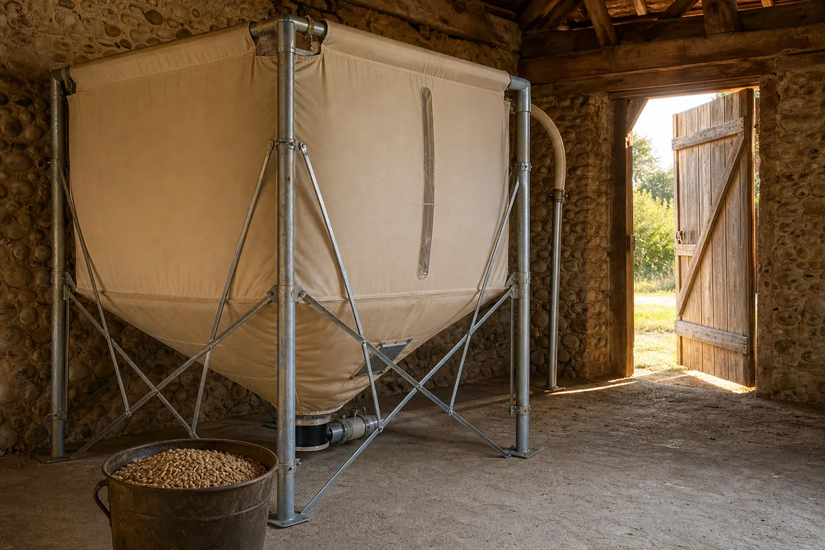 Silo textile de granulés de bois installé dans une dépendance en galets roulés
