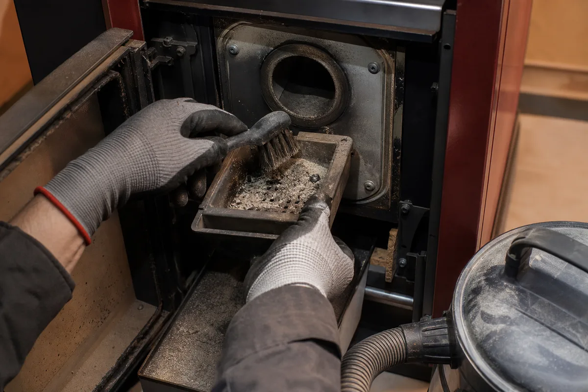 Technicien nettoyant le brûleur d&rsquo;une chaudière à granulés lors de l&rsquo;entretien annuel