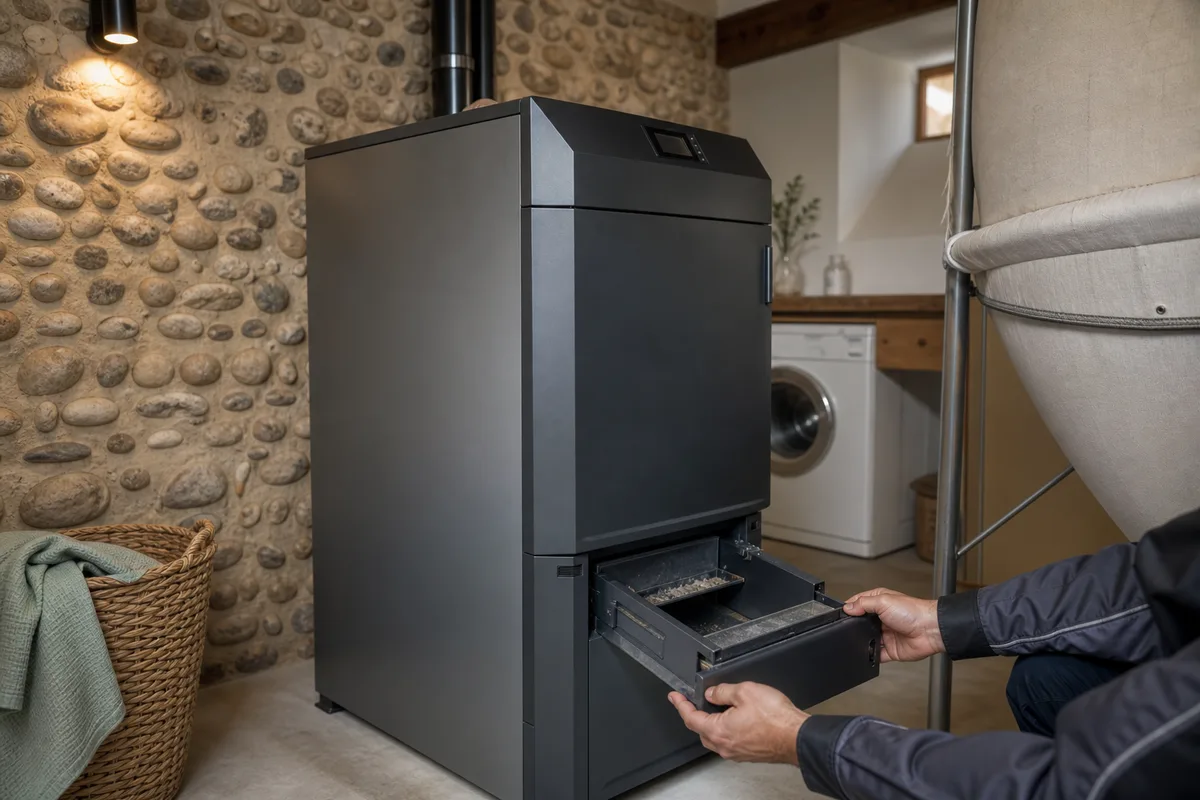 Chaudière à granulés moderne installée dans une buanderie de maison dauphinoise