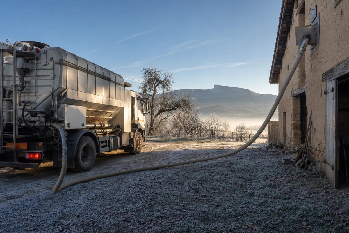 Livraison de granulés de bois en vrac par camion souffleur devant une ferme des coteaux