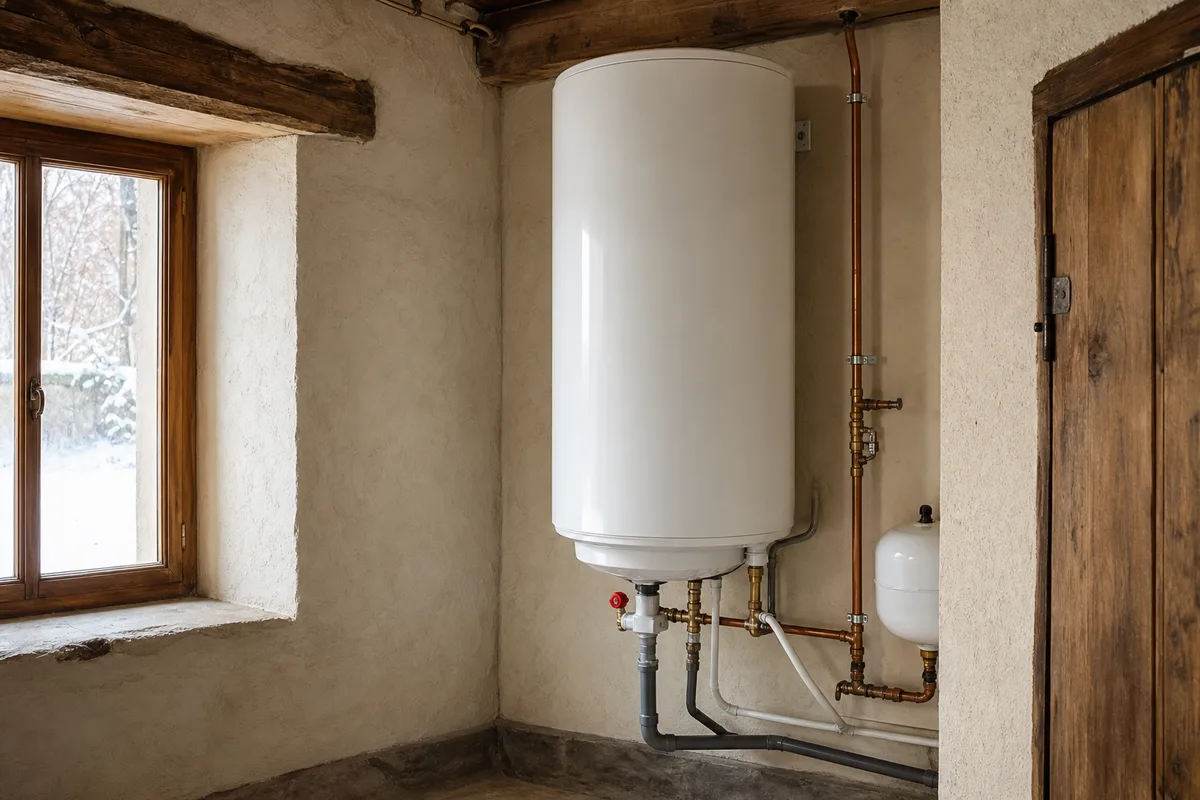 Chauffe-eau électrique vertical installé dans le cellier d’une maison de la vallée de l’Isère