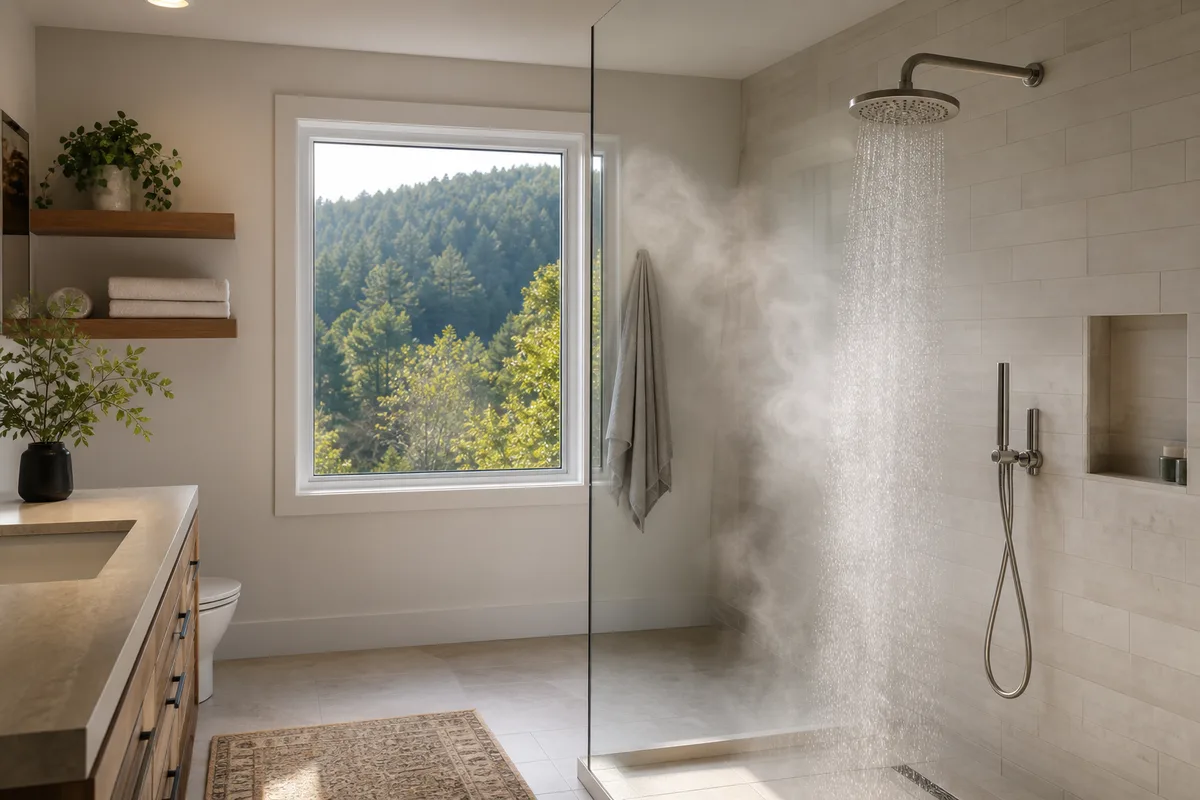 Douche à l’italienne dans une salle de bain rénovée d’une maison de la vallée de l’Isère