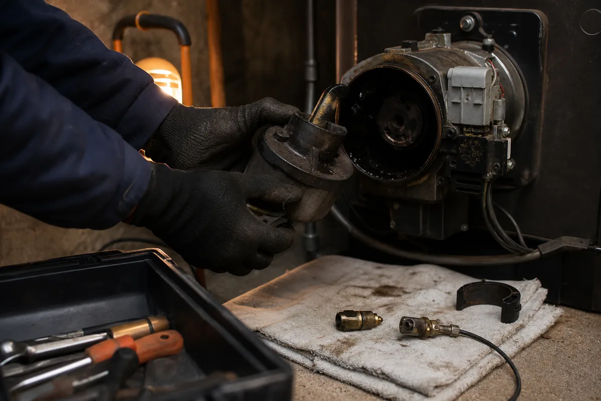 Technicien démontant le brûleur d’une chaudière fioul dans une chaufferie de maison ancienne
