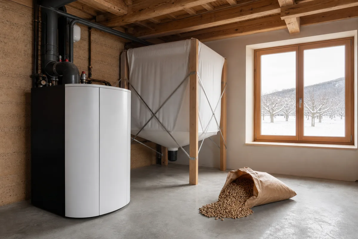 Silo à granulés de bois et chaudière moderne installés dans l’ancienne chaufferie fioul d’une ferme dauphinoise