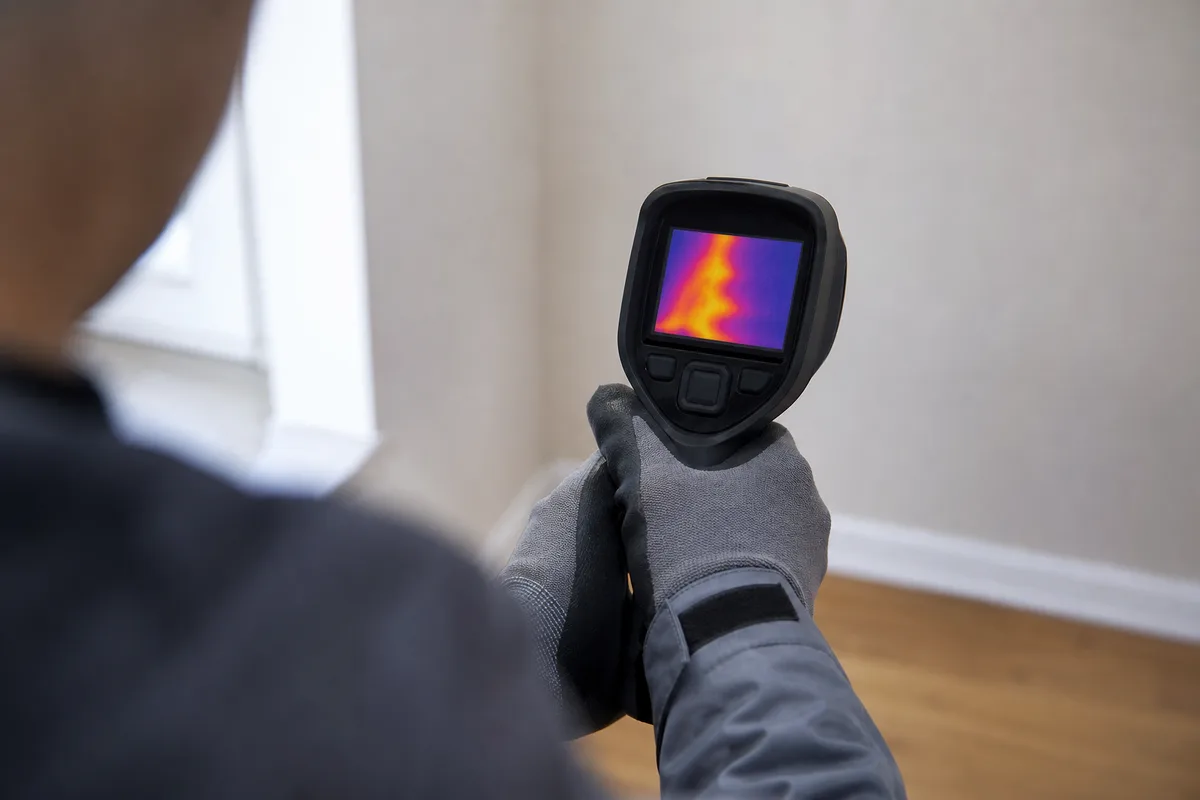 Technicien utilisant une caméra thermique pour localiser une fuite dans un mur
