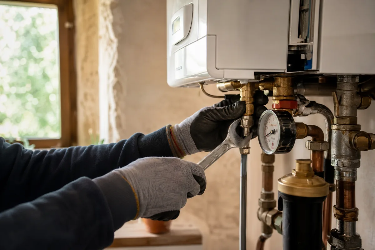 Artisan plombier-chauffagiste intervenant sur le circuit hydraulique d’une chaudière murale dans une maison de la vallée de l’Isère