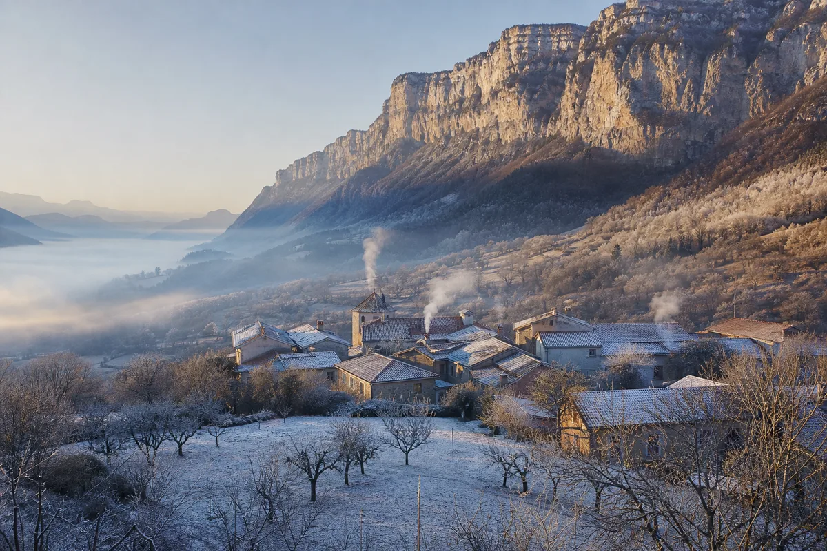 Vue hivernale d’un hameau du Sud-Grésivaudan au pied du Vercors, toits givrés et cheminées fumantes au petit matin