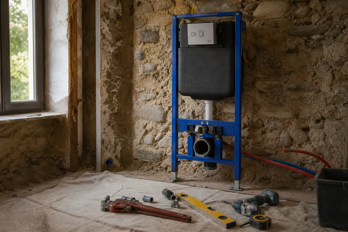 Mur ancien en galets roulés préparé pour recevoir un bâti-support autoportant