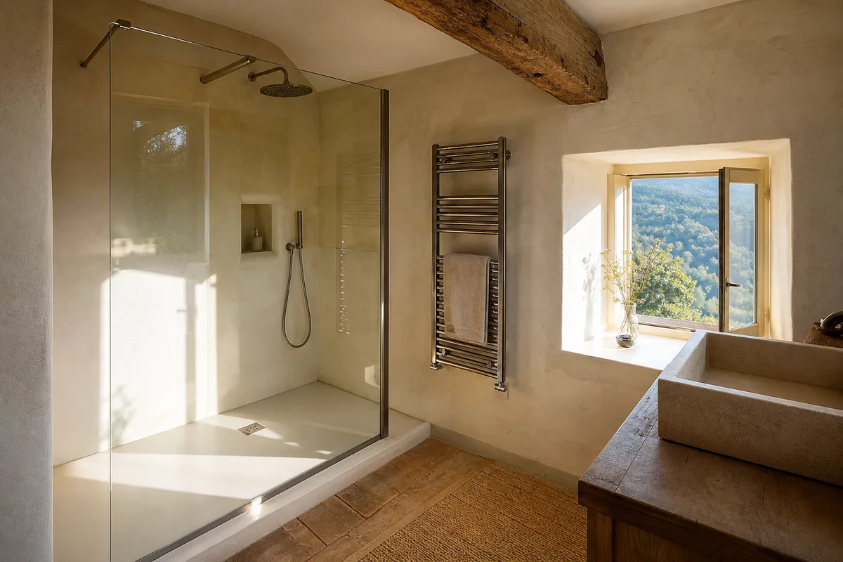 Salle de bain rénovée avec receveur extra-plat et murs à l&rsquo;enduit chaux dans une longère dauphinoise