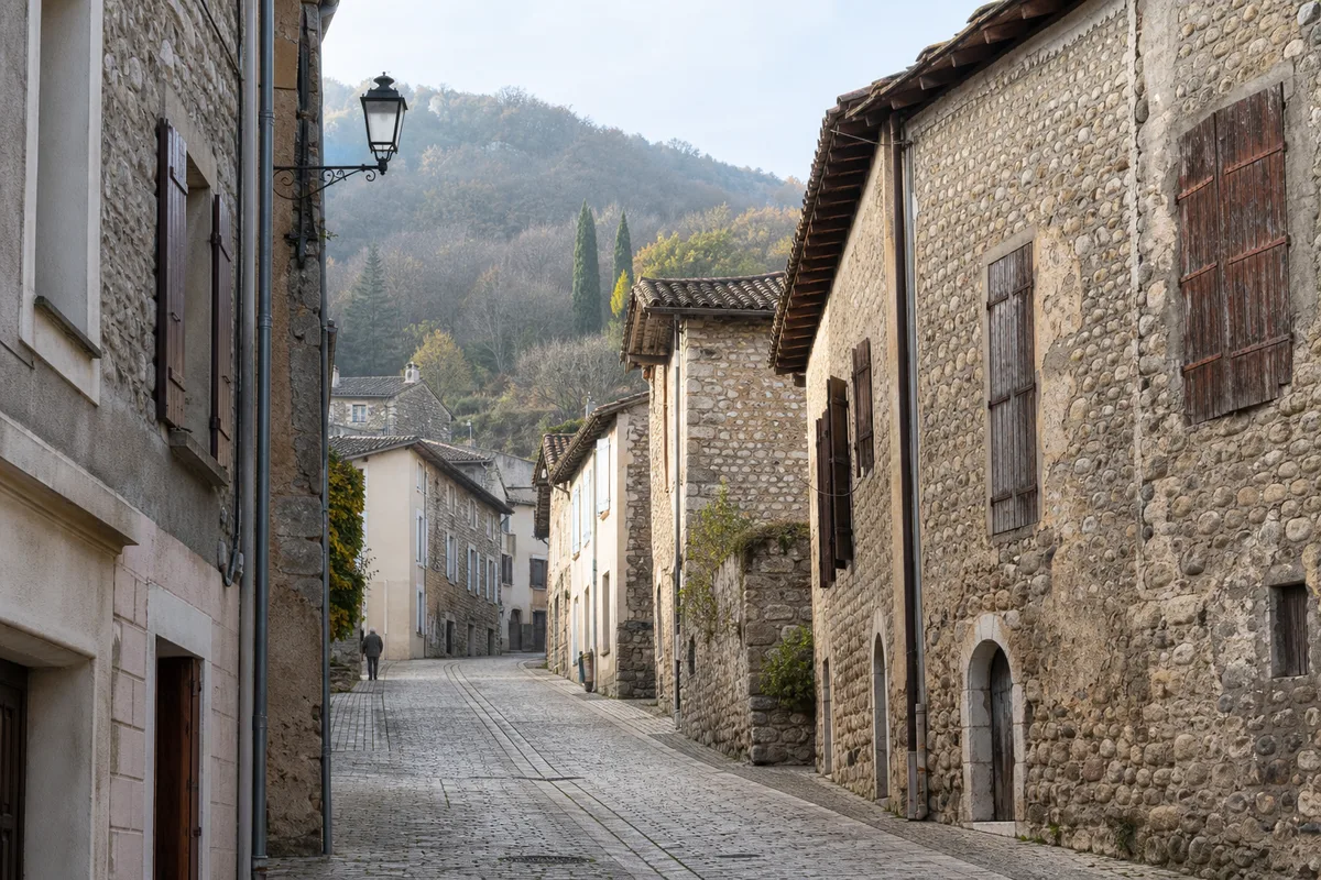 Façades anciennes du centre-bourg de Tullins avec vue vers les coteaux