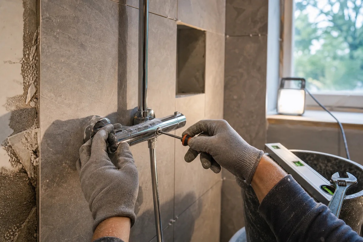 Artisan installant la robinetterie d’une douche à l’italienne en cours de chantier