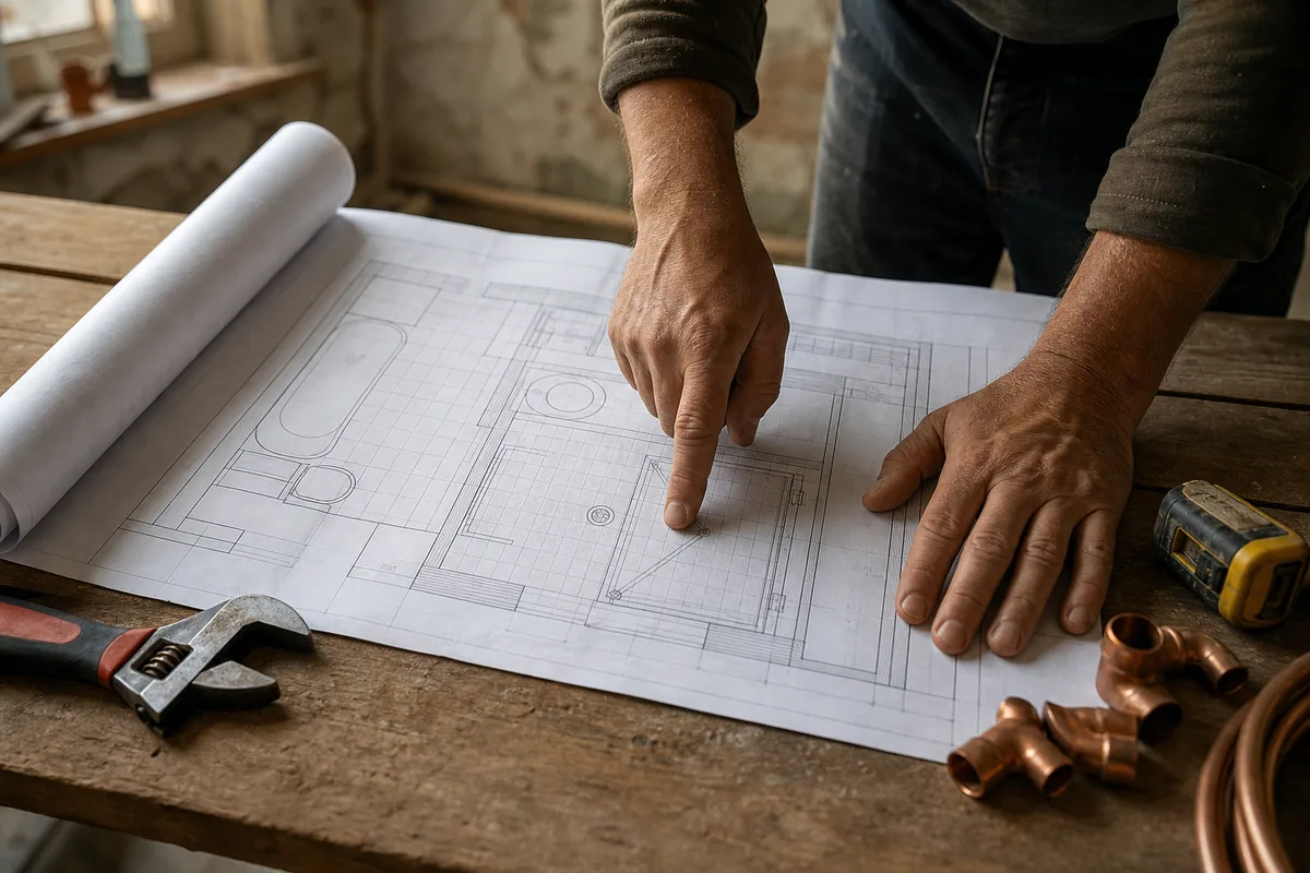 Plan de salle de bain déroulé sur un établi avec outils de plombier dans une maison de Vinay