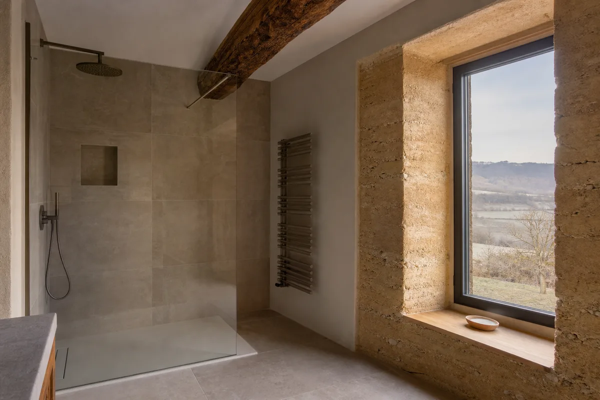 Salle de bain rénovée avec douche à l’italienne dans une ancienne ferme dauphinoise aux murs épais