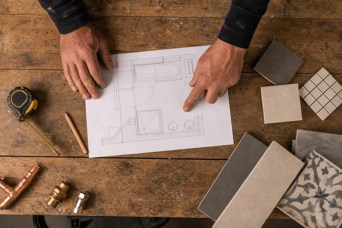 Plan de salle de bain et échantillons de carrelage posés sur un établi d&rsquo;artisan