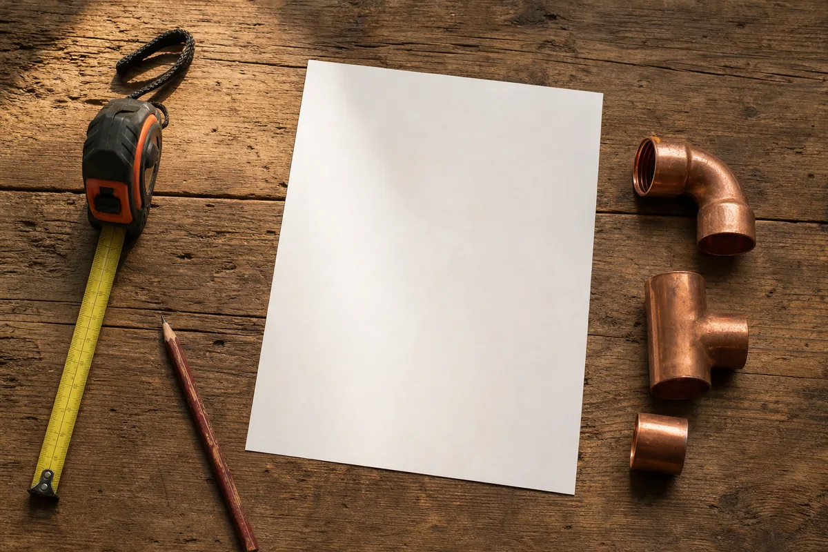 Devis de plomberie détaillé posé sur une table en bois à côté d’un mètre ruban et de raccords en cuivre