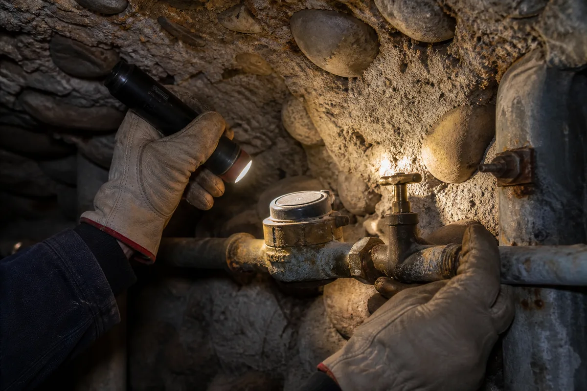 Plombier inspectant une arrivée d&rsquo;eau ancienne en acier galvanisé dans une cave voûtée