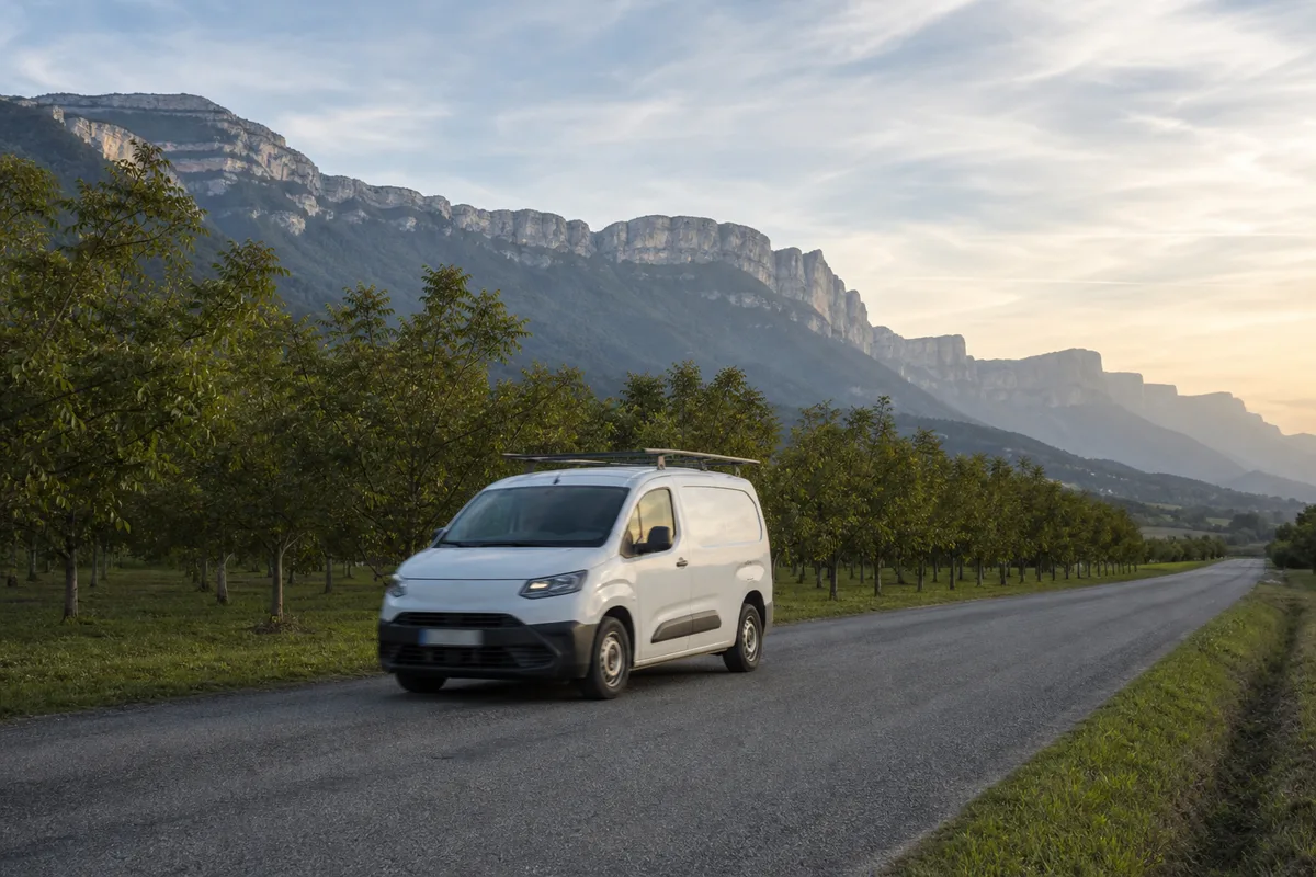 Plombier au volant de son utilitaire sur une route de campagne du Sud-Grésivaudan, au pied du Vercors